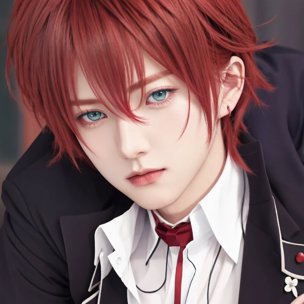 anime boy with red hair and blue eyes in a suit, ayato sakamaki, diabolik lovers, anime guy with green eyes, anime handsome man, realistic, ultra details