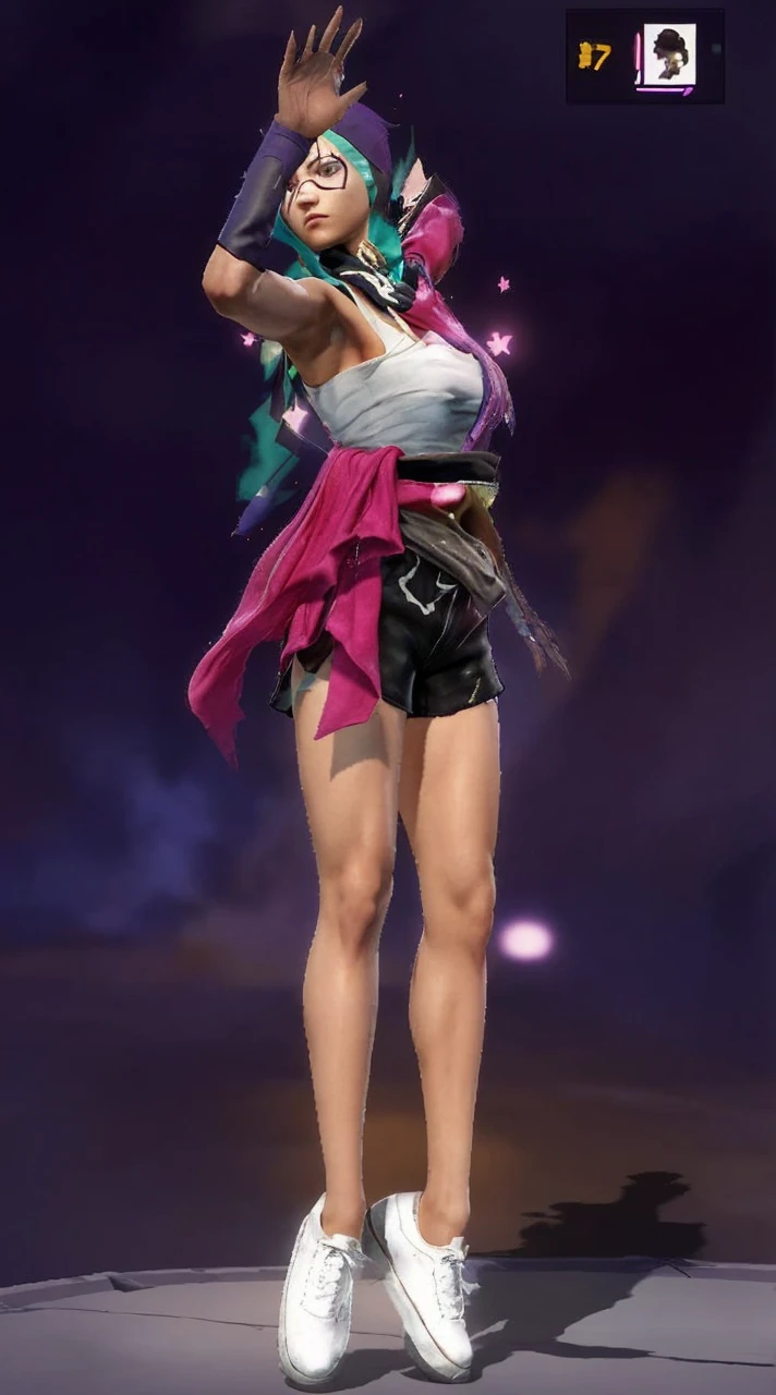The image shows a character in a fighting game, wearing a white tank top and black shorts. The character has a pink scarf wrapped around their neck.