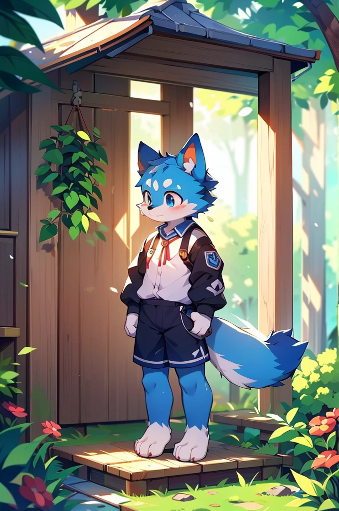 Blue fur, Canine, fox motif, boy, uniform,expensive，One person，Stand up on your own two feet，