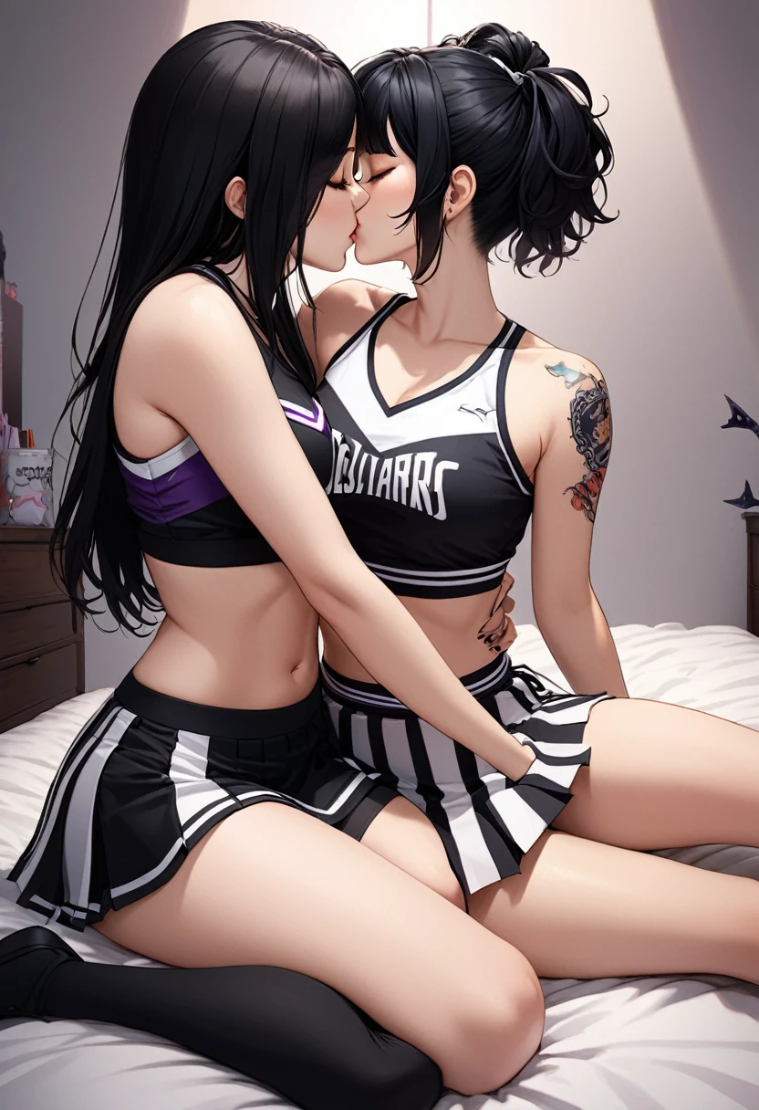 detailed illustration (side view),dynamic angle, ultra-detailed, illustration, 2girls, lesbian kiss, blonde hair, black hair, cheerleader, goth, closed eyes, tattoos, sitting on bed, bedroom, seductive