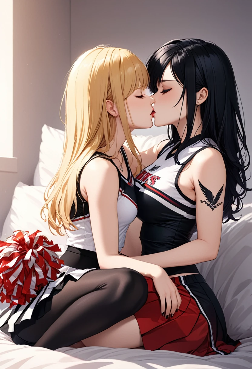 detailed illustration (side view),dynamic angle, ultra-detailed, illustration, 2girls, lesbian kiss, blonde hair, black hair, cheerleader, goth, closed eyes, tattoos, sitting on bed, bedroom, seductive