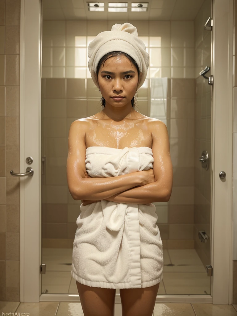 Create a highly detailed photorealistic image of a beautiful Indonesian woman holding a towel around her body with her arms crossed in front of her.   He was wearing a shower cap and had a shocked and embarrassed expression on his face.   In the background, there is an open door where a handsome Indonesian man is standing with a surprised expression, hdr+