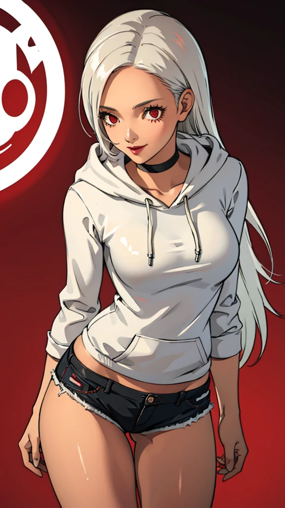 1 girl, milf, Red eyes, long hair, black choker, lipstick, smile, white hair, medium breast, cowboy shot , wheatskin, hoodie, forehead, extreme micro shorts, thicc legs,