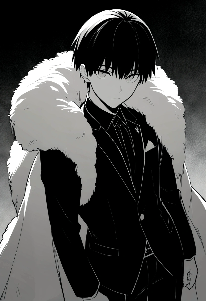 yuto-sano, 1boy, Kaneki, black hair, black suit, black long sleeves, fur coat, elegant, monochrome, solo, greyscale, male focus, looking at viewer