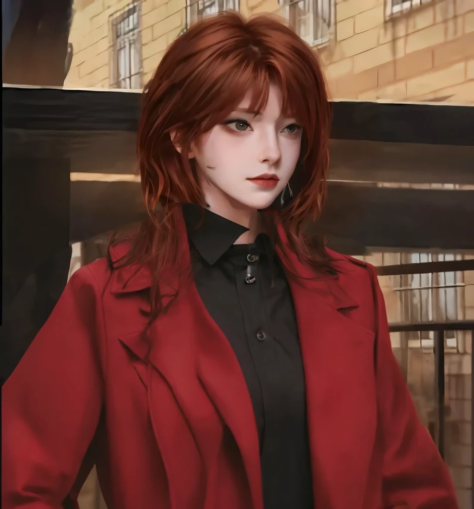 Black shirt，Red coat