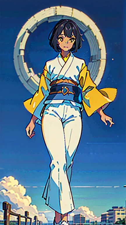 masterpiece, best quality, ((dark skin)), short hair, yellow eyes, black hair, beautiful girl smiling, thin, full body, tall girl, ((white fighter kimono with blue belt and white pants)), ((kawaii)), ((cute)), (small-breasts:0.5), ((short chest)), ((big butt)), ((wide thigh)), walking on city, (Ultra High Resolution: 1.2), (RAW Photo: 1.2)