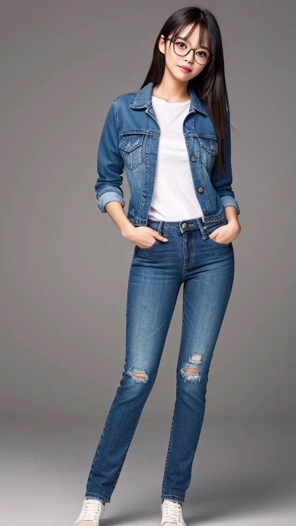 cute dark toned Chinese girl wearing glasses in tight jeans