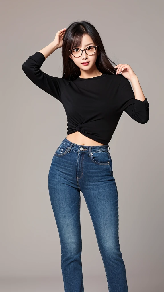 cute dark toned Chinese girl wearing glasses in tight jeans