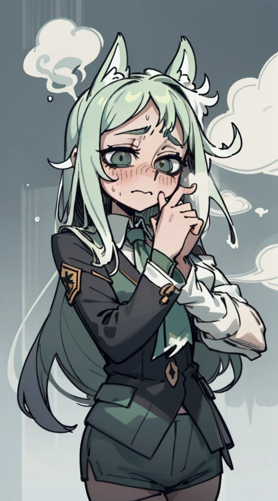 Shy, scared, baggy eyes, light green background, change , very long hair  ,detailed hands ,light green hair color, blushing, SWEAT, drops , flushed ,drooping fox ears,  , very short shorts , shorts , extremely blushing , whole body ,white long sleeves, dark blue uniform , exhales smoke through the mouth , big hips, sexy body , her hands holding her butt , focus ass , Look at the camera, fearful smile , caen gotas de su cabeza , cabello un poco mas verde , sentada en una cama , gran trasero , cola en llamas , cola azul 