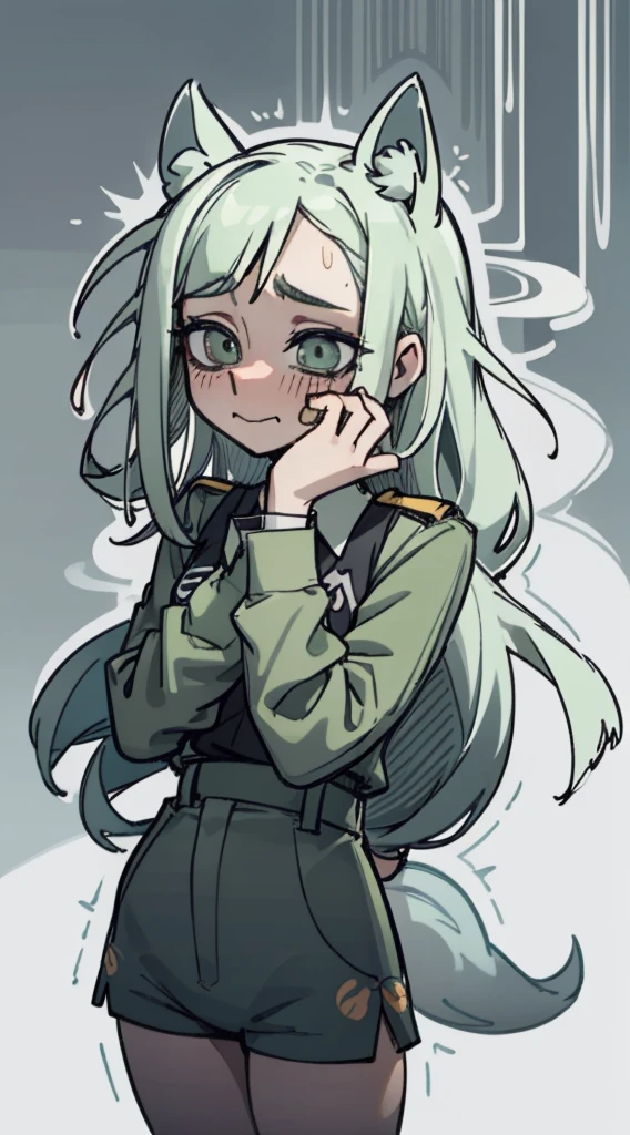 Shy, scared, baggy eyes, light green background, change , very long hair ,detailed hands ,light green hair color, blushing, SWEAT, drops , flushed ,drooping fox ears, , very short shorts , shorts , extremely blushing , whole body ,white long sleeves, dark blue uniform , exhales smoke through the mouth , big hips, sexy body , her hands holding her butt , focus ass , Look at the camera, fearful smile , caen gotas de su cabeza , cabello un poco mas verde , sentada en una cama , gran trasero , cola en llamas , cola azul