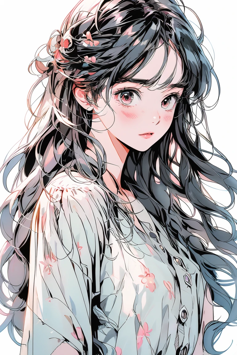 Anime Moe Art Style, Anime Style 4K, (((masterpiece))), (((The best quality at its best))), ((Extremely delicate and beautiful)),(Cute and delicate face),One cute girl, Light pink hair, Fluffy long hair, Bangs, Plain white background,