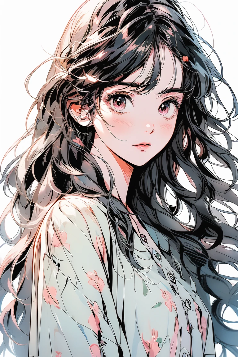 Anime Moe Art Style, Anime Style 4K, (((masterpiece))), (((The best quality at its best))), ((Extremely delicate and beautiful)),(Cute and delicate face),One cute girl, Light pink hair, Fluffy long hair, Bangs, Plain white background,