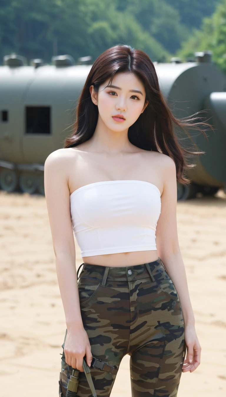 close-up of beautiful South Korean, Jang Eunbi is a South Korean video creator and model, youthful face, perfect body, white body skin, sexy looking pose, rapunzel long hair, black hair, straight hair, 36 inches breasts size, wearing a tight plain white strapless tube top, wearing a tight camouflage legging pants, at the military training camp, Eunbi’s shirt was cut by male soldier using a scissor from a tank top to a tube top in a very sighing and sexy manner, strand by strand of Eunbi’s clothes fell off because it had been cut, the rest of Eunbi’s clothes were scattered on the floor because they had been cut, Eunbi’s shirt shows off her breasts because male soldier cut them off, making her look sexier and more seductive, military training camp background, UHD