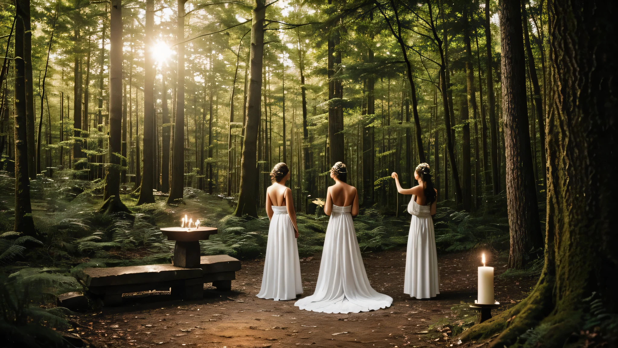 Summer solstice,Three goddesses in the forest,white dress dancing,Back,altar,mystery,alchemy,candle