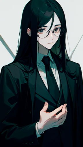 Long black hair、Pale-faced man、disease、Black suit and black-rimmed glasses、looking at the camera