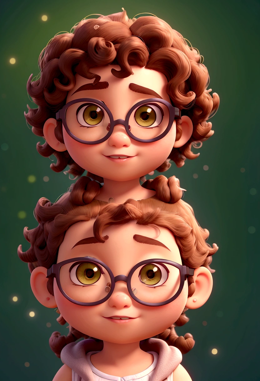 chibi,  chubby, short curly hair, eyeglass,  (Pixar-style) (master part:1.2) (bokeh) (best quality) (detailed moten skin) (detailed texture) (8K) (Brunetette) (Cinematic lighting) (sharp focus) (plain  background)TEXTNAME JHANA