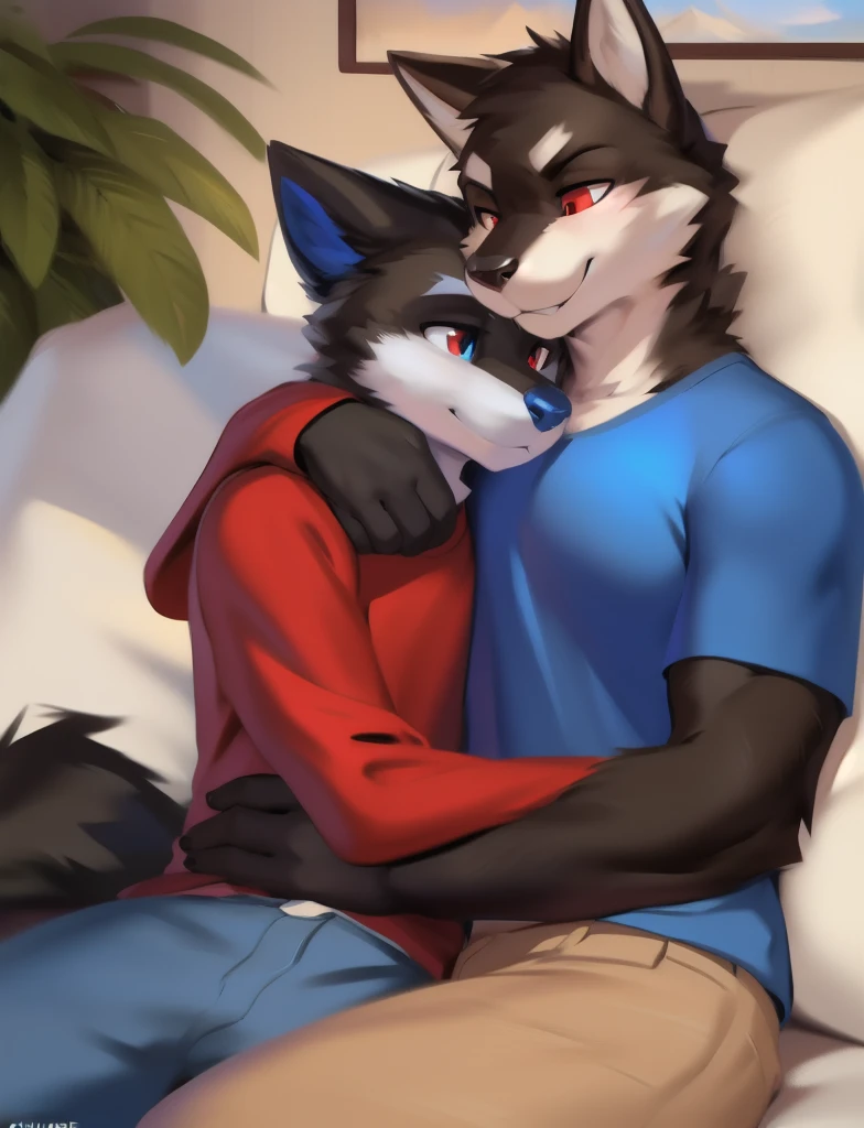 White slim rabbit with blue eyes wearing blue tshirt and khaki shorts cuddling with black wolf with red eyes wearing white tshirt and jeans, detailed, detailed background, by zackary911, by chunie, duo, love, accurate anatomy, correct anatomy