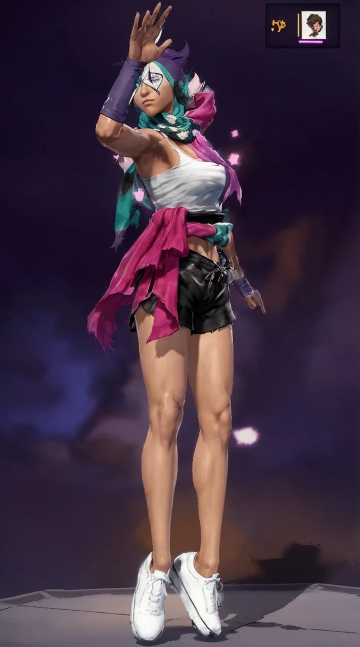 The image shows a character in a fighting game, wearing a white tank top and black shorts. The character has a pink scarf wrapped around their neck.