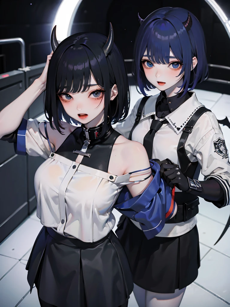 (8K、Best image quality、Highest quality、masterpiece)、Detailed face、((One ))、blackhair、鈍い前hair、Bright Blue Eyes、smile、score_9, score_8_superior, score_7_superior, score_6_superior, sauce_anime, masterpieceを破る, Highest quality,(woman\(student, , JK, short hair, 銀hair, 浮かぶhair, Space-colored eyes, black色のセーラー服\(Of high school\), Pale skin, Hindenburg_\(Azur Lane\), red_hair, Devil horns, long hair,just_shoulder, Underbust_cut out, skirt, pantyhose,black_gloves,Devil's Wings, A girl is sitting on the throne,boot,Crossing your legs,, masterpiece, Highest quality, High Contrast,