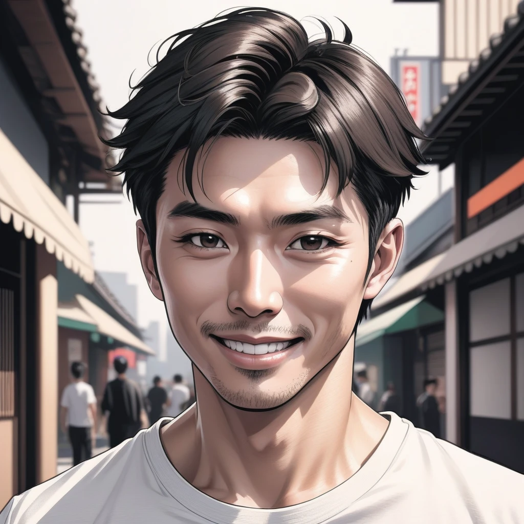 A close-up portrait, in a hand-drawn style, of a Japanese man in his early 30s with short hair, wearing a white T-shirt and black pants. He has a friendly and approachable smile with slightly raised corners of his mouth, and kind, intelligent eyes. The background is blurred to emphasize the person.  The overall impression should be trustworthy and approachable, depicting an attractive man who people would want to follow.