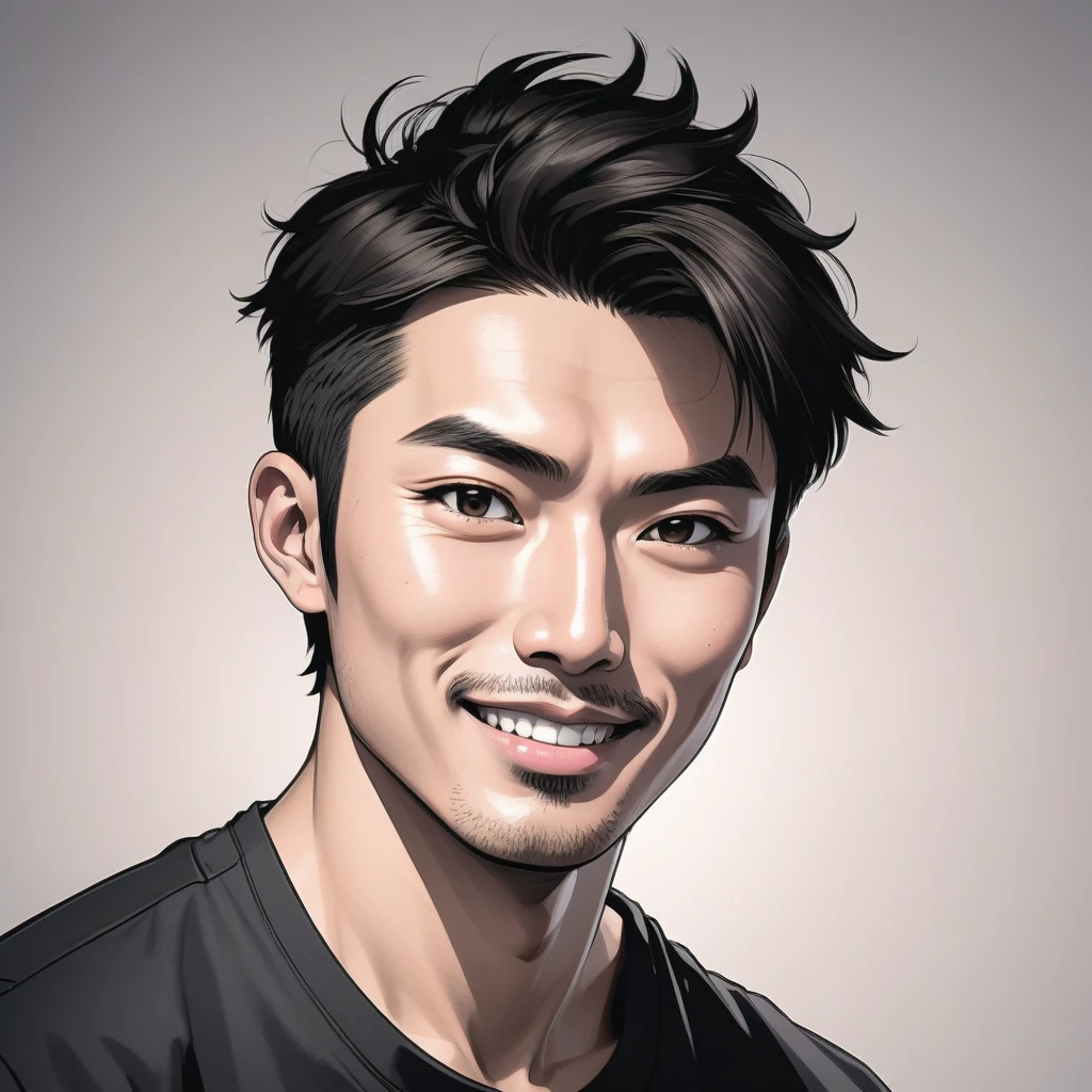 A close-up portrait, in a hand-drawn style, of a Japanese man in his early 30s with short hair, wearing a white T-shirt and black pants. He has a friendly and approachable smile with slightly raised corners of his mouth, and kind, intelligent eyes. The background is blurred to emphasize the person.  The overall impression should be trustworthy and approachable, depicting an attractive man who people would want to follow.