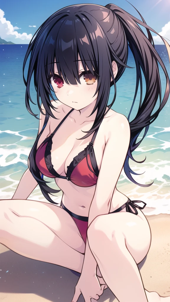 NSFW,masterpiece,Highest quality,High resolution,Super detailed,Nekone \(Utawarerumono\),Brown Hair、（Red Eye：1.3）、ribbon,Twin tails、ヘアribbon、Mole、目の下のMole,Small breasts,Japanese style,High quality sexy bikini,beach,Palm tree,Rock Shade,(Face in love),Embarrassed,blush,(Ecstasy face),(Sex slave),(Seduce),(Strong-faced men),Picking Up Girls,A man puts his hands on her waist and hugs her,Girl in Love,heart