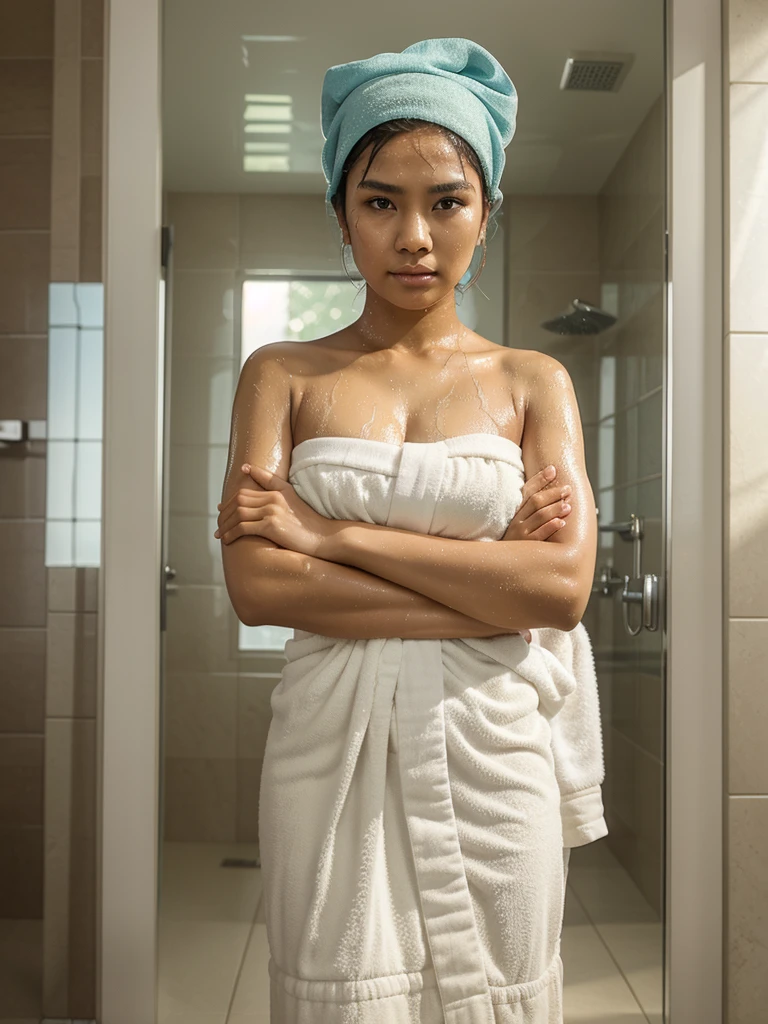 Create a highly detailed photorealistic image of a beautiful Indonesian woman holding a towel around her body with her arms crossed in front of her. He was wearing a shower cap and had a shocked and embarrassed expression on his face. In the background, there is an open door where a handsome Indonesian man is standing with a surprised expression, hdr+