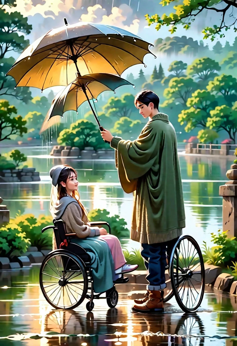 A touching scene on a picturesque bridge during a rainy day. A young man is standing next to a girl sitting in a wheelchair, holding an umbrella over her to keep her dry. The young man has a gentle smile and is dressed in a casual jacket and jeans, while the girl is wearing a warm sweater with a blanket over her lap. The bridge, made of old stone with ornate railings, stretches over a calm river, with raindrops creating ripples on the water's surface. The background showcases a misty, lush landscape with trees and distant hills, adding a romantic and serene ambiance to the scene. The overall mood is one of care, compassion, and serene beauty.
