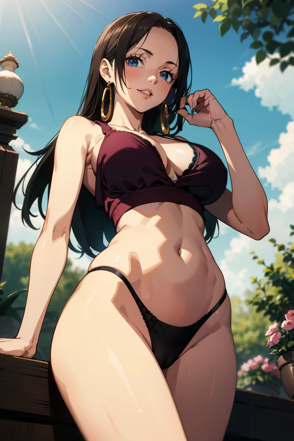 1girl, solo,underwear , large breasts, lips, looking at viewer,black hair, long hair,blue eyes, perfect eyes, perfect body, cowboy shot,3:4,slim waist,white tank top, thong panties, garden background, fair skin, looking at viewer, from below, smile, 8k resolution, earrings, cameltoe, hime haircut, cleavage, big forehead
