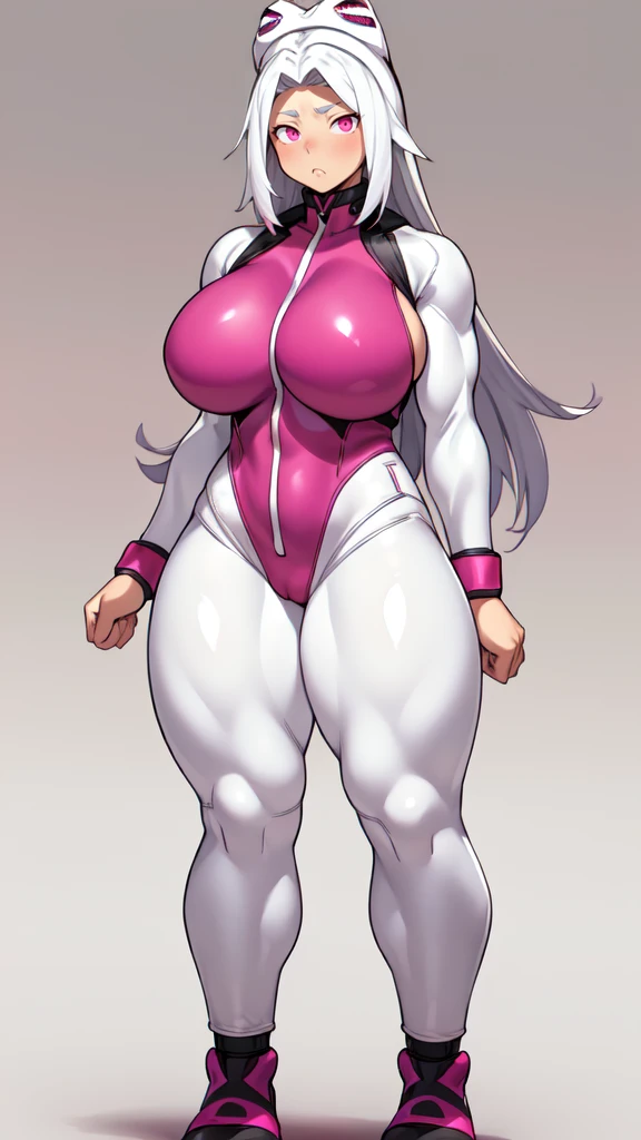 (masterpiece), best quality, expressive eyes, perfect face, (muscular:0.8), silver hair, (big breast:1.1), (curvy:1.1), ((blank background)), ((full body framing)), (thick thighs:1.2), ((big legs:1.6)), Straight hair, (fuchsia and white bodysuit:1.8), female android, plugsuit, pilot suit, (very tall girl) , perky breast:1.3, red eyes, huge girl