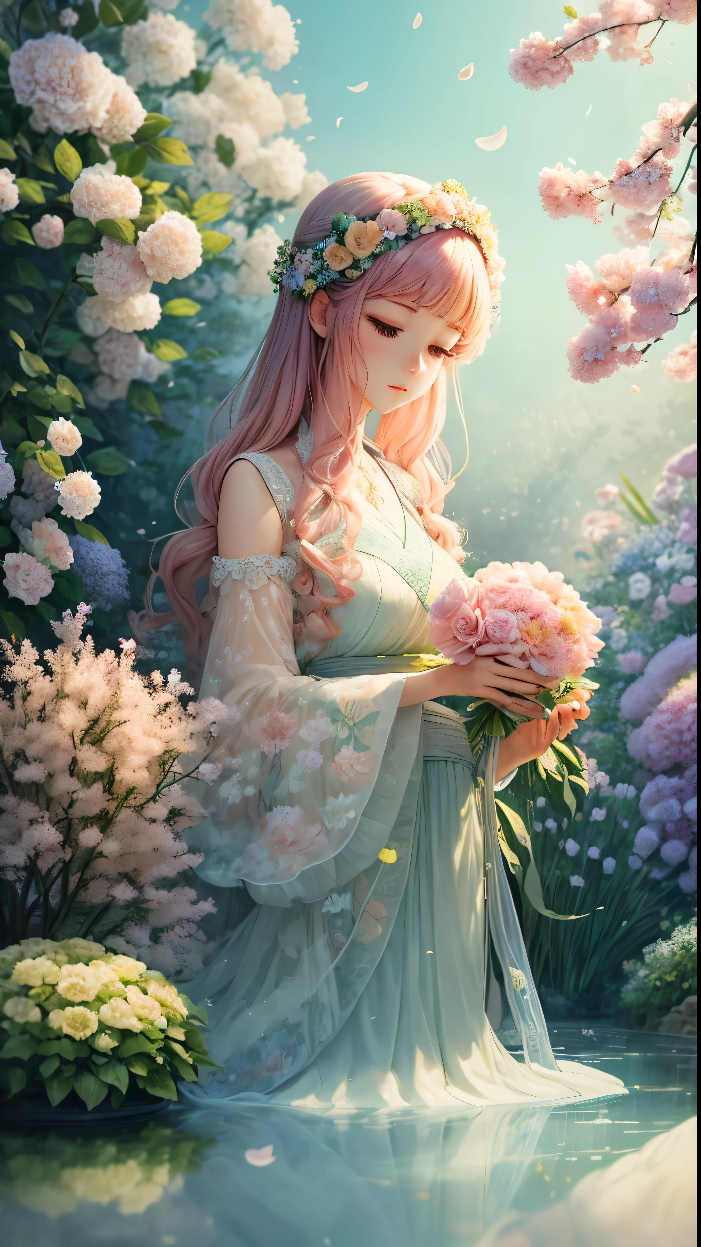 Whimsical fantasy illustration、Elegant Rose Flowers Botany、Minimalist setting with floral garden waves。Four Seasons Discount々Flowers々Blooming profusely、Floating leisurely in the hazy atmosphere、A flowing, dreamy garden。The color palette is、pastel pink、Aqua Green、A captivating blend of pastel apricot、Reminiscent of a smoke fractal、Creates a moody and highly realistic visual experience。 The illustration is、petal、leaf、Accurately captures the delicate beauty of the stem、Rendered in ultra-detailed, high-octane imagery for stunning realism。