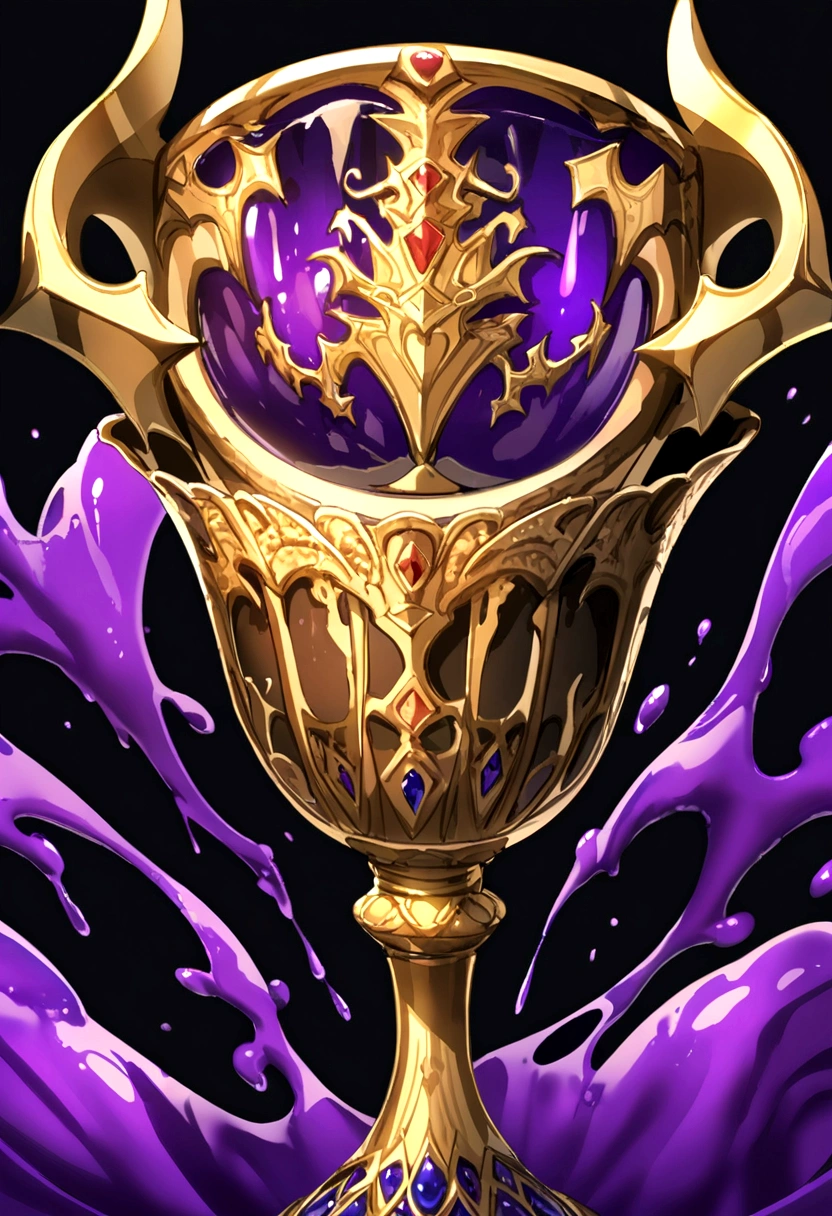 fantasy medieval cup gold,dark purple liquid, no background no character full cup make the cup kinda sea through liquid inside the cup no splash, chalice (extreme detail) add dragon parts to the cup, black parts