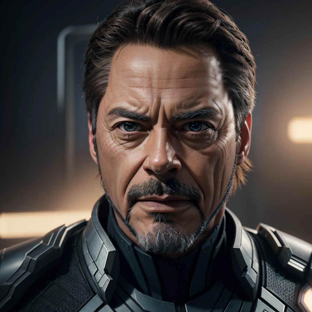 Marvel, Old man Tony Stark, realistically, dynamic lights, old, gray stubble, full shoot, (extremely detailed CG unity 8k wallpaper), trending on ArtStation, trending on CGSociety, High Detail, Sharp focus, dramatic, photorealistic