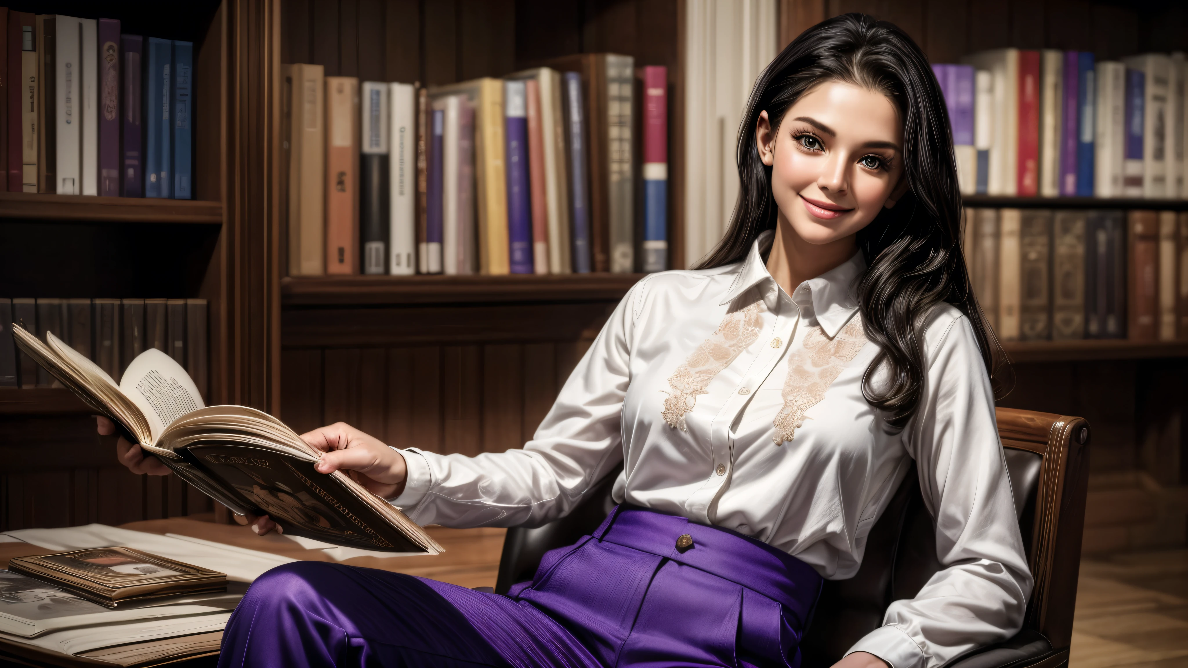 masterpiece, best quality, extremely detailed, hyperrealistic:1.1, photorealistic, a beautiful 20s russian model, ultra detailed face:1.1, white long sleeve shirt, purple pants:1.1, medium hair, black hair, reading a book, ultra detailed library, joyfun smile