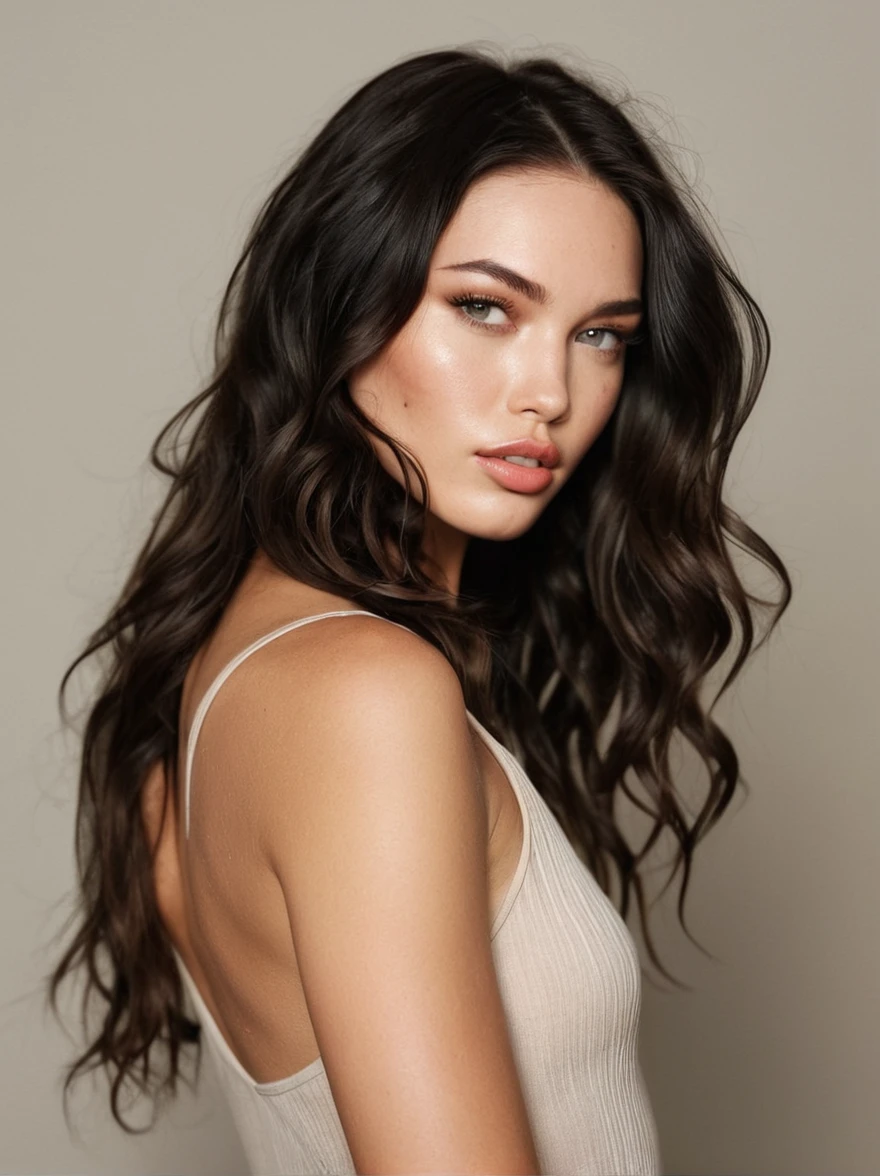 a realistic instagram photo of a [ really beautiful exotic androgynous supermodel 19 year old woman] , with [long, dark hair, short beachy waves hair style ] , looks like [Megan FOX] and [Adriana Lima], light makeup, looking [innocent, cute, flushed] , neutral background [light] skin --ar 9:16 --stylize 750 --v 6
