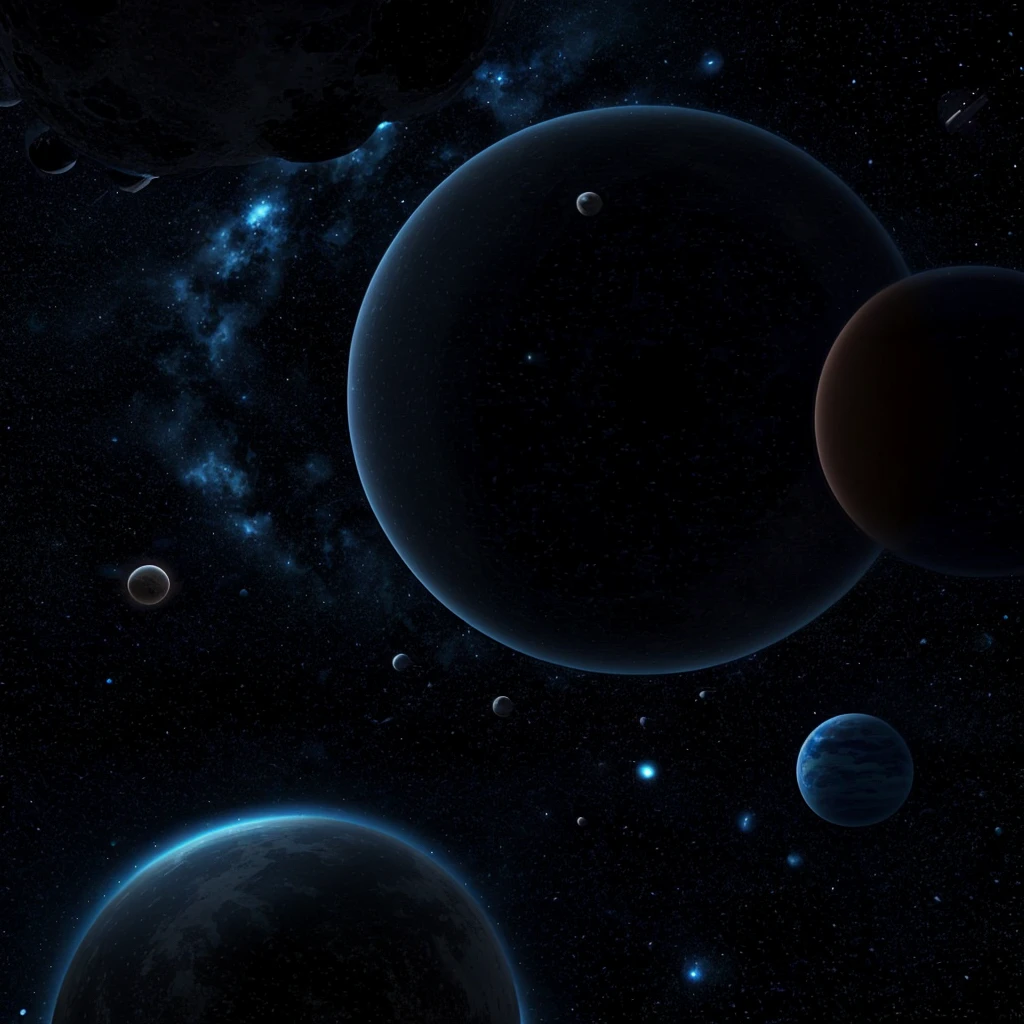 A space scenery with a planet and a colony orbiting around it.