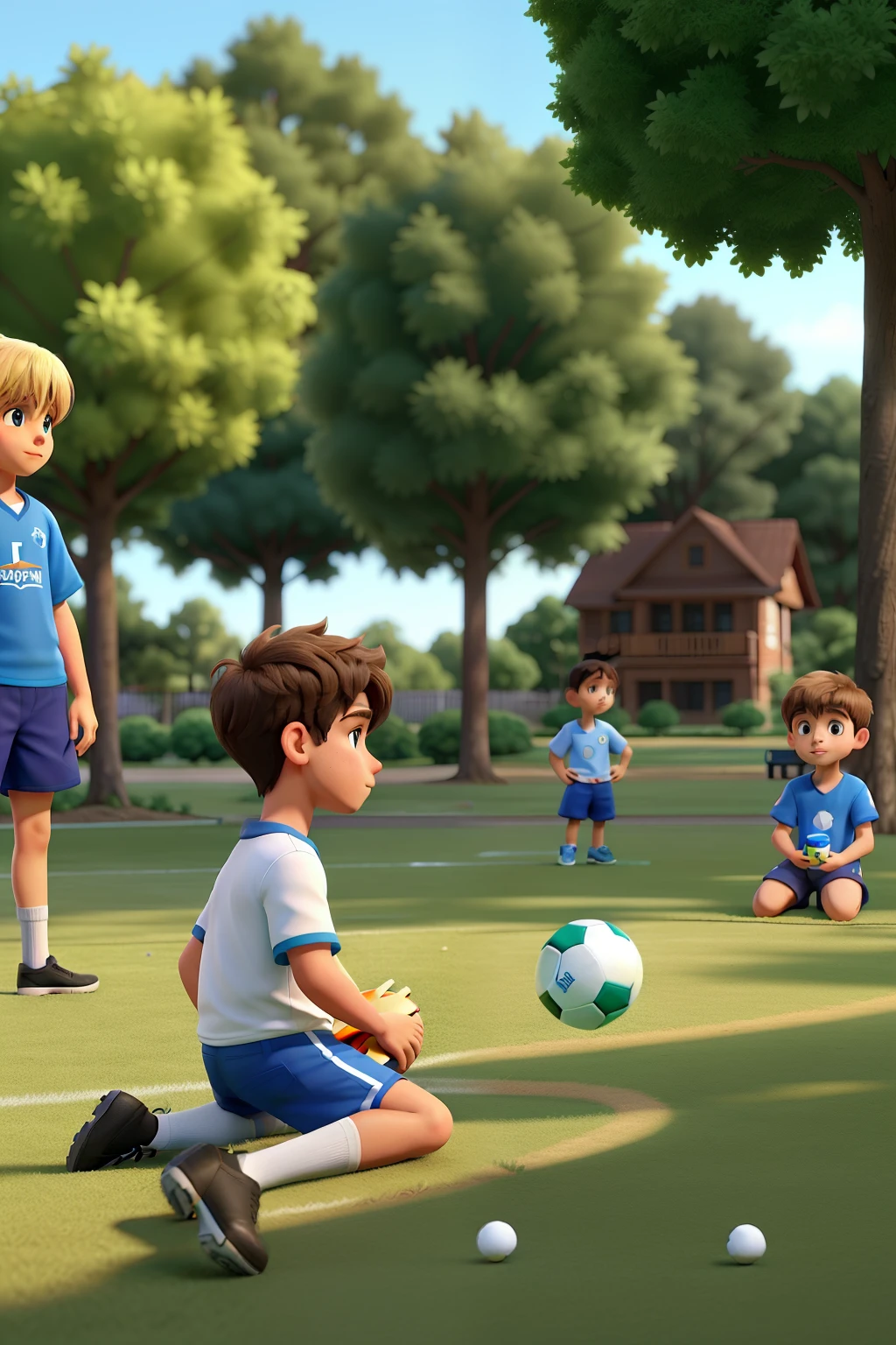 A boy playing with family, dressed in white football shirt and blue shorts, sitting on the ground in a park in the middle of summer. He plays a football game with his little brothers, playing with goals and deflections. Their mother, A blonde woman, watches from the side with a calm smile, while the father, A dark man, play with the kids, teaching them tactics and passing. No fundo, the green trees in your neighborhood form