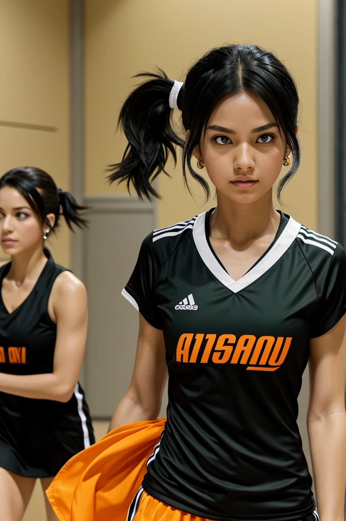 Screenshots del anime Haikyuu, man, slim build, long messy black hair with creamy yellow strands and tied into a ponytail, locks loose on her face,eyes with heterochromia, blue left eyes and the other phosphorescent green eye, 17 years, earrings in the right ear, Black Volleyball uniform dress with orange details with the number 13 and white tennis shoes,
