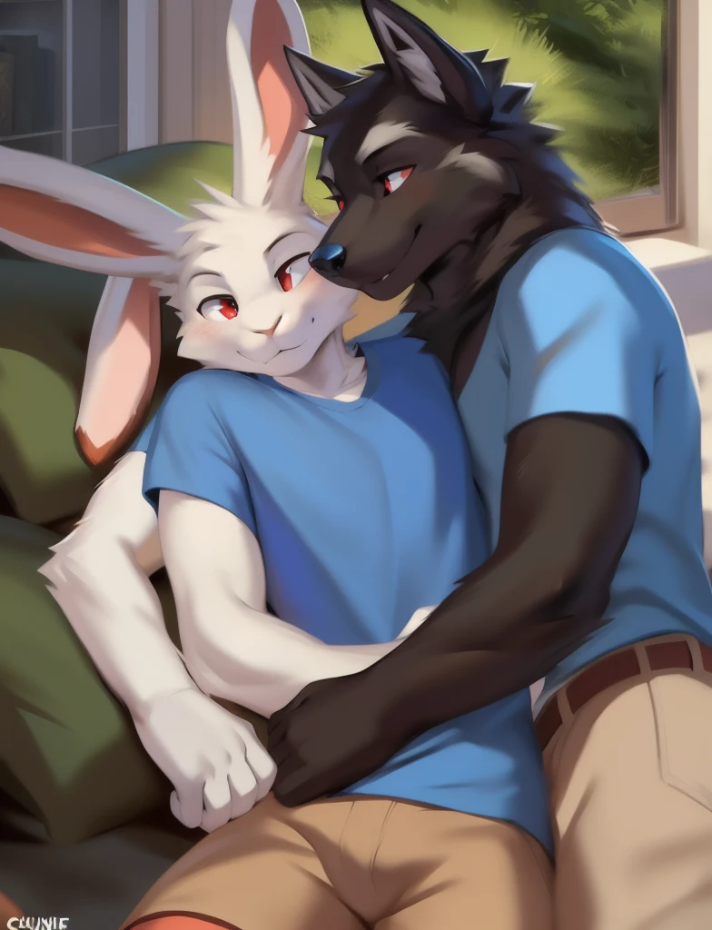 White slim rabbit with blue eyes wearing blue tshirt and khaki shorts cuddling with black wolf with red eyes wearing white tshirt and jeans, detailed, detailed background, by zackary911, by chunie, duo, love, accurate anatomy, correct anatomy