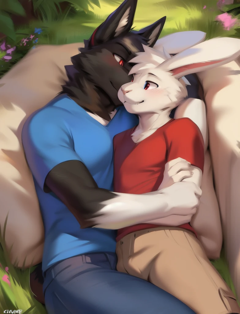White slim rabbit with blue eyes wearing blue tshirt and khaki shorts cuddling with black wolf with red eyes wearing white tshirt and jeans, detailed, detailed background, by zackary911, by chunie, duo, love, accurate anatomy, correct anatomy