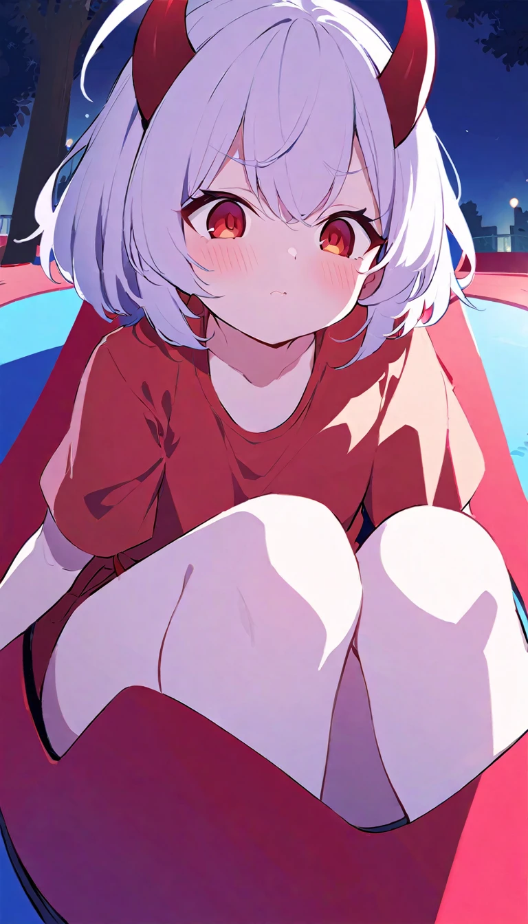 Teenage girl, devil girl, small red horns, white hair, short fluffy hair, big red eyes, pale skin, blushing cheeks, in a , red dress, in the diversion park, a night