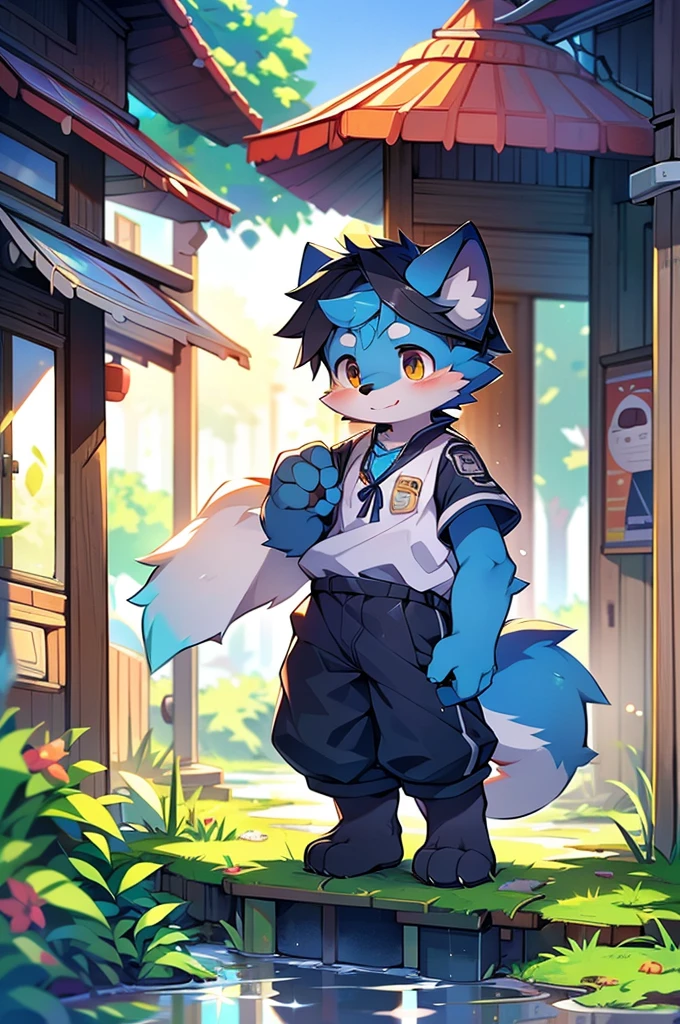 Blue fur, Canine, fox motif, boy, uniform,expensive，One person，Stand up on your own two feet，collapsed，Living in town，Waterlogged，