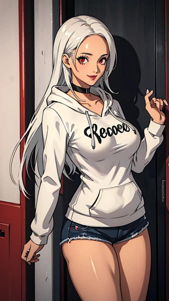 1 girl, milf, Red eyes, long hair, black choker, lipstick, smile, white hair, medium breast, cowboy shot , wheatskin, hoodie, forehead, extreme micro shorts, thicc legs,