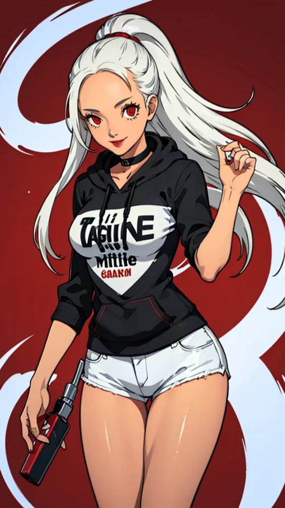 1 girl, milf, Red eyes, long hair, black choker, lipstick, smile, white hair, medium breast, cowboy shot , wheatskin, hoodie, forehead, extreme micro shorts, thicc legs,