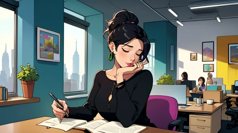 Beautiful black-hair up woman in her 30s sitting green chair in an spacious and colorful office. looking down and closing her eyes, relaxed atmosphere, cozy, LOFI girl, alone in the room, blouse, desk, documents, laptop, pen, watch, smartphone, stationery, wide glass window, only five fingers, New York, colorful, can see skyscrapers outside the window, colorful wall, pierced earrings, She is fashionable, ring, cabinet, In the background there are many desks and people, coffee cup, Well-proportioned face,