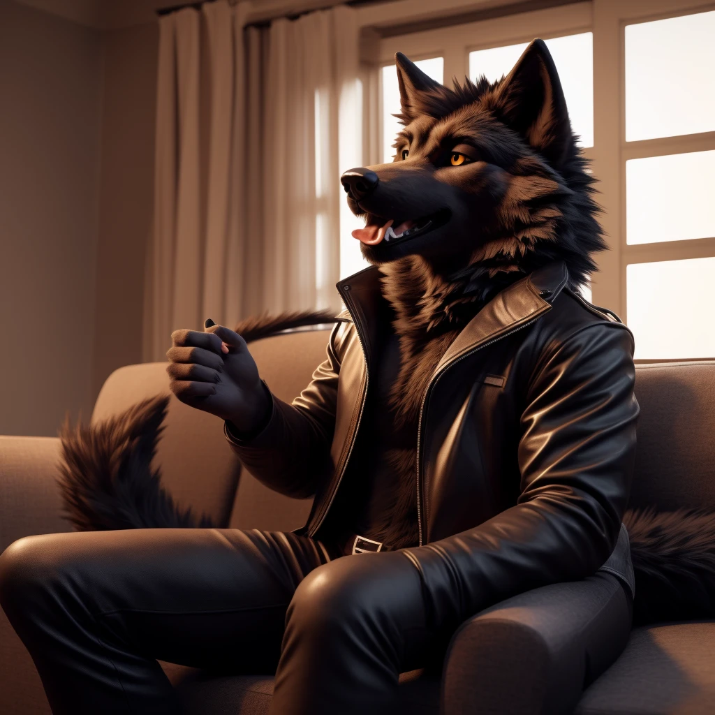 Posing, Male, 30 years old, playful wink, mouth open with tongue hanging out, black leather jacket, anthro, wolf ears, (black fur:1.5), wolf, log cabit backgroud, 8k, hi res, (best quality, masterpiece), (wolf tail:1.5), detailed fur, sitting on couch