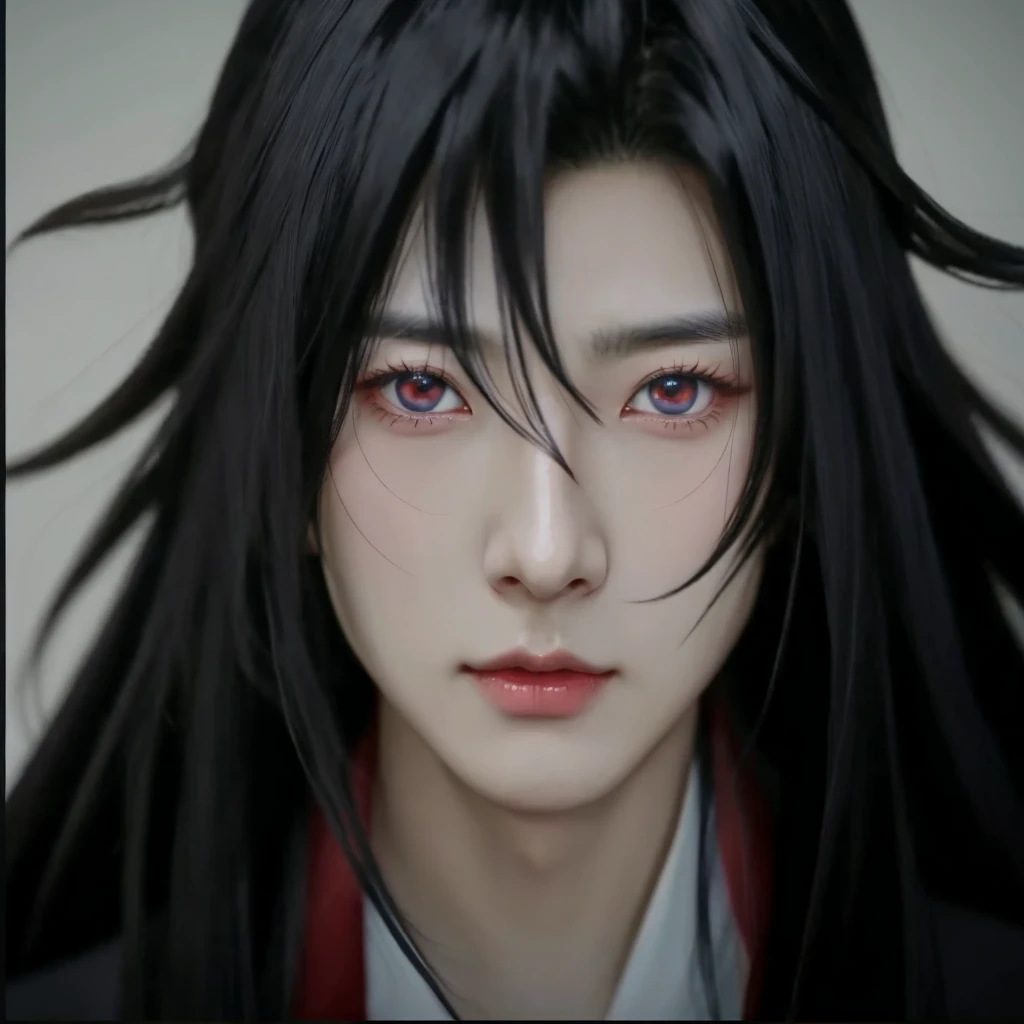 anime boy with black hair and blue eyes in a suit, Wei wuxian, grand master of deminic cultuvation, anime guy with red eyes, anime handsome man, realistic, ultra details