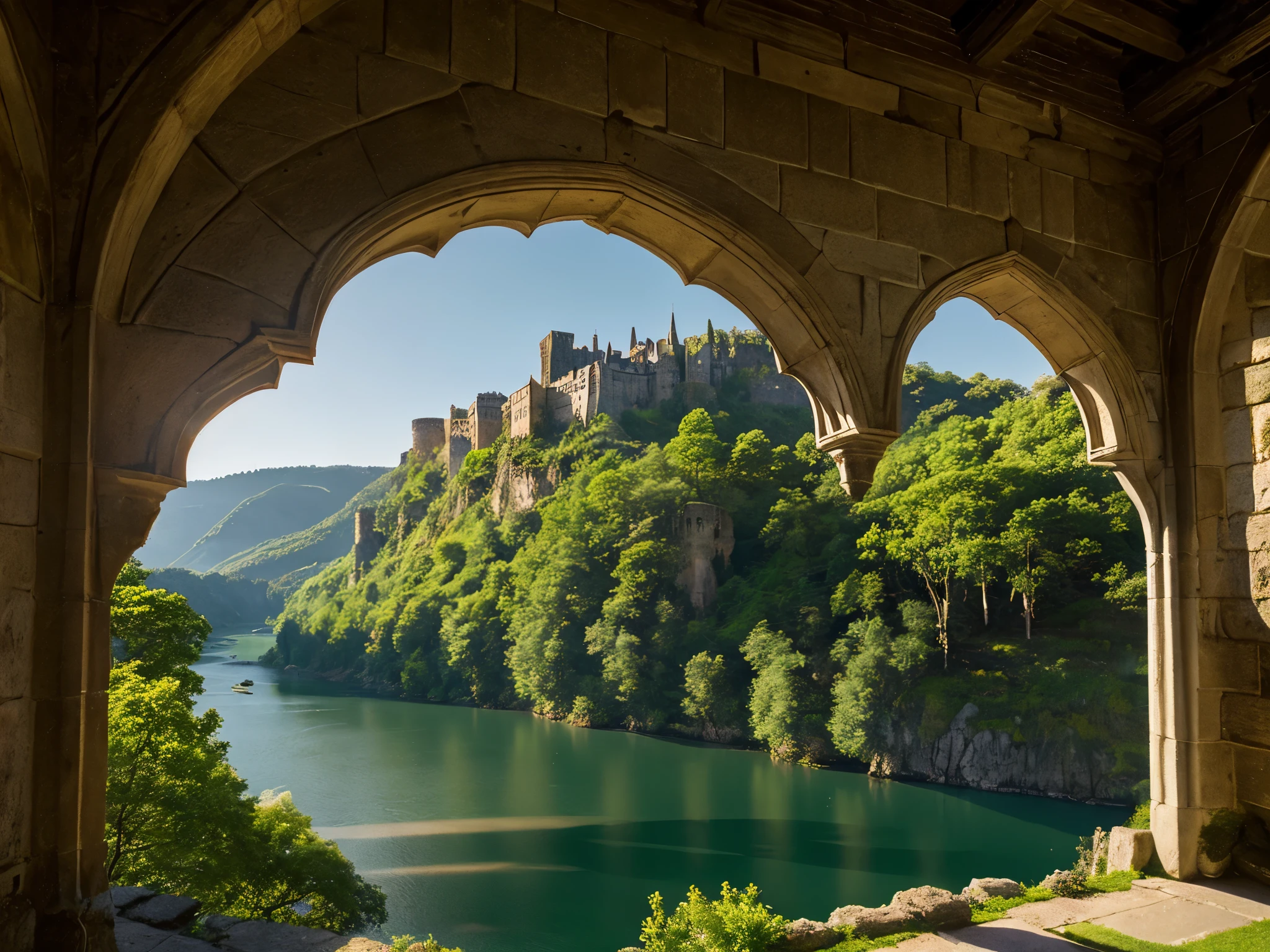 A picturesque medieval castle nestled atop a lush green hill, its stone walls weathered yet regal, overlooking a serene river snaking through the valley below. The scene evokes a sense of timeless grandeur and tranquility. This stunning photograph captures the castle in soft, golden sunlight, highlighting intricate details like ivy climbing the walls and ancient turrets reaching towards the sky. A masterpiece of composition and lighting, this image transports viewers to a bygone era of majestic beauty and solitude.