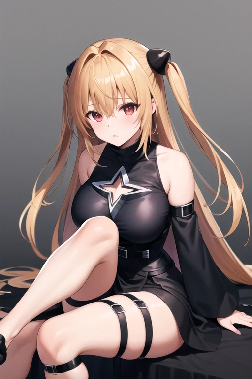 masterpiece, best quality, highres, aayami, very long hair, two side up, hair ornament, bare shoulders, black dress, clothing cutout, large breasts, detached sleeves, belt, thick legs, thigh strap, sitting, knees up, cowboy shot,
