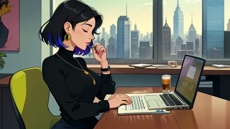 Beautiful black-hair woman in her 30s sitting green chair in an spacious and colorful office. looking down and closing her eyes, relaxed atmosphere, cozy, LOFI girl, alone in the room, blouse, desk, documents, laptop, pen, watch, smartphone, stationery, wide glass window, only five fingers, New York, colorful, can see skyscrapers outside the window, colorful wall, pierced earrings, She is fashionable, ring, cabinet, In the background there are many desks and people, coffee cup, Well-proportioned face,